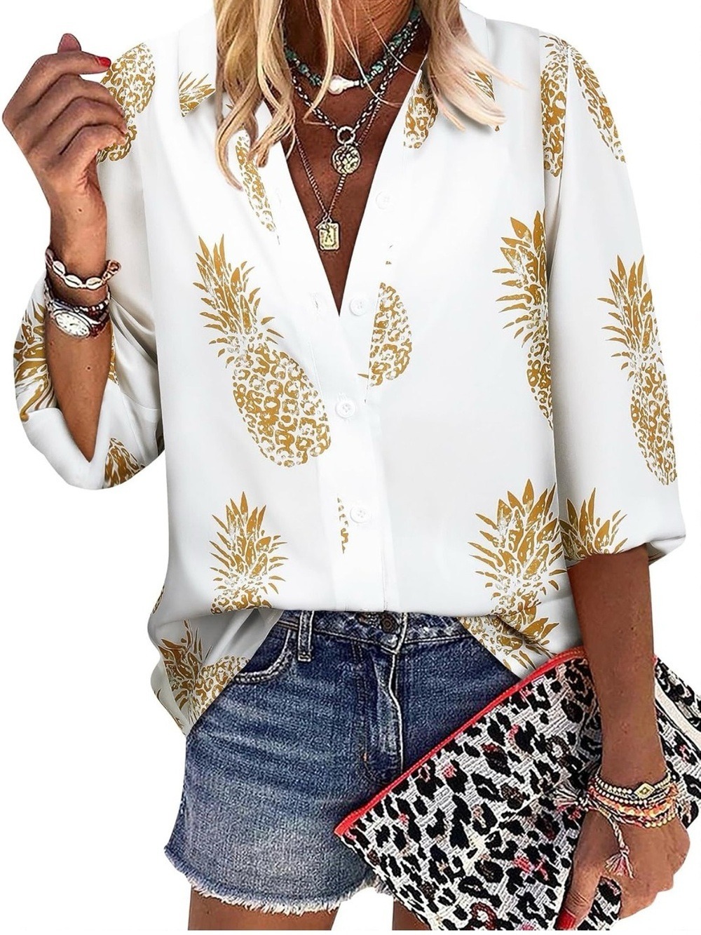 Amazon White Button-Front Shirt with Gold Pineapple Print